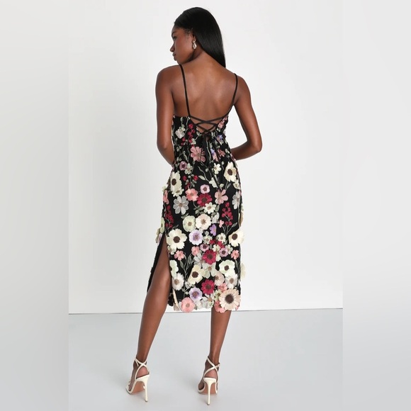 Lulu's Black Thriving Energy Black 3D Floral Embroidered Lace-Up Midi Dress - Picture 3 of 16